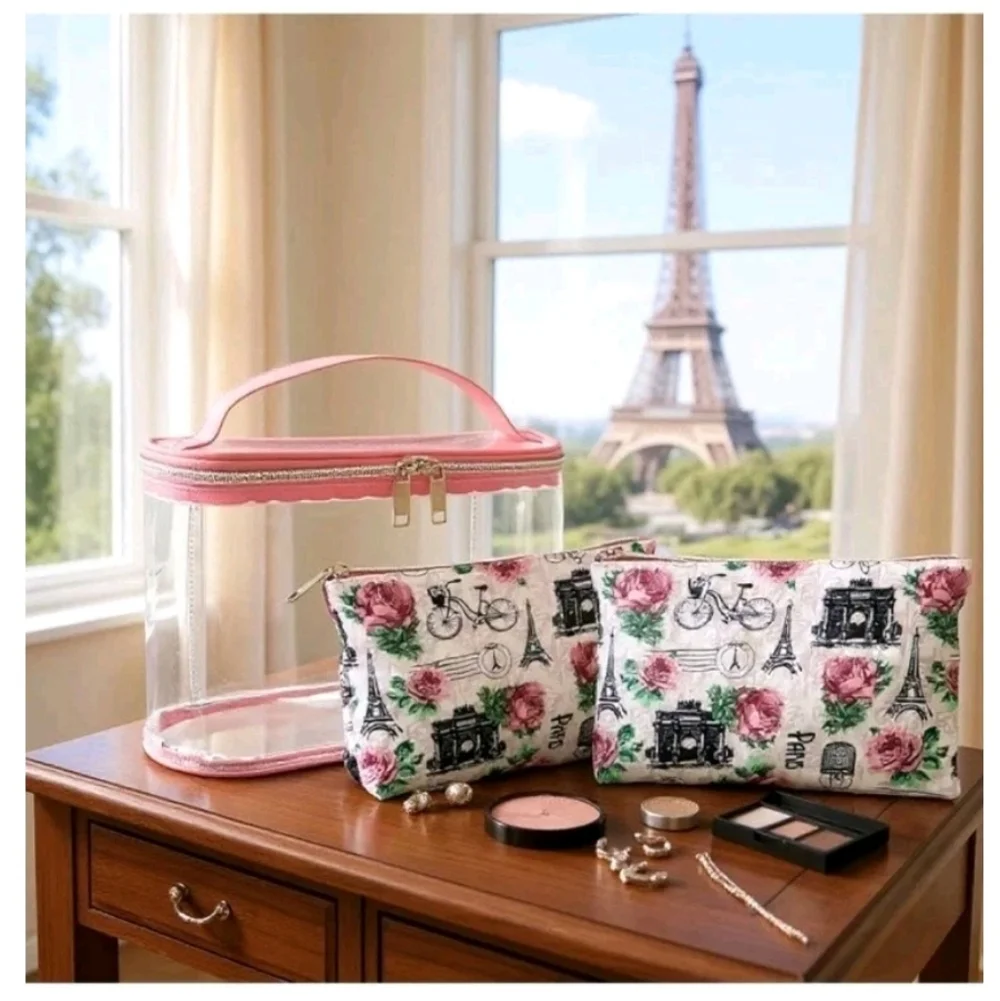 Emma & Chloe Travel Pink Paris Train Case 3 Piece Set NWT Christmas Gift $21
